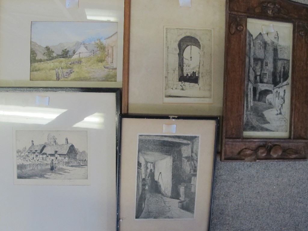 Appraisal: Lot comprising three etchings one watercolour and one print