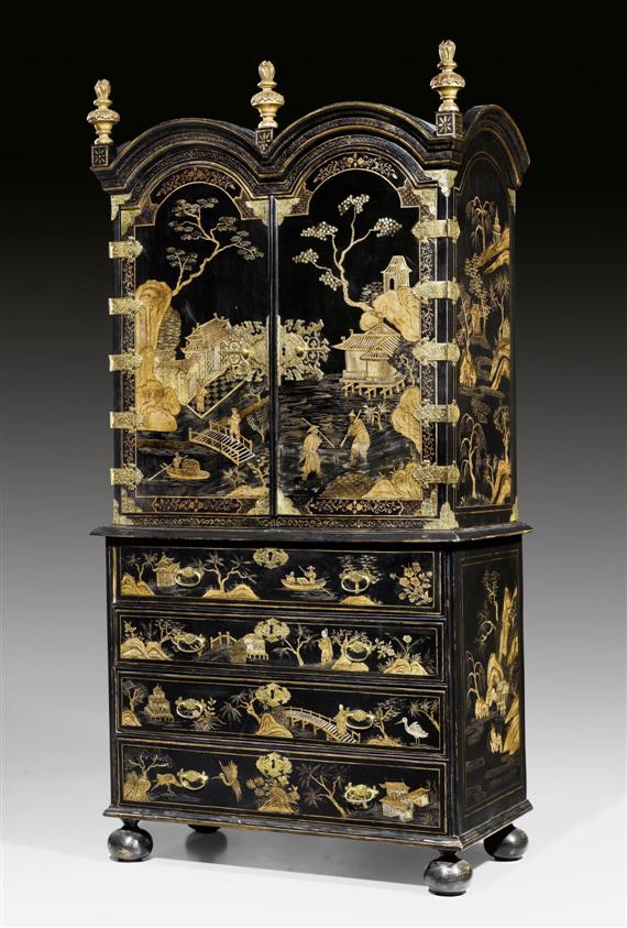 Appraisal: LACQUER BUREAU CABINET George I England circa Wood lacquered on