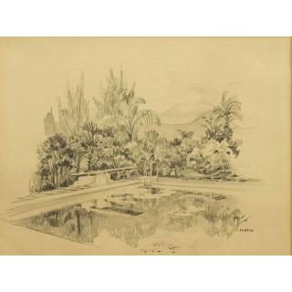 Appraisal: E K Kiss Graphite Drawing Framed swimming pool landscape graphite