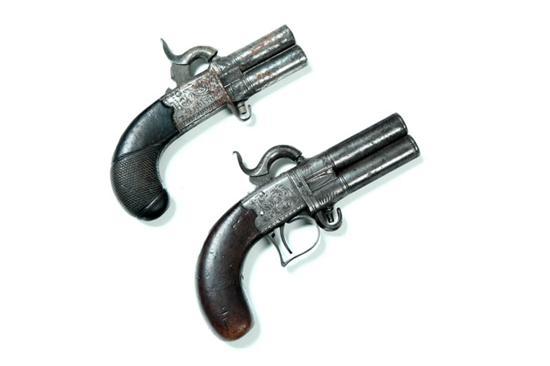 Appraisal: TWO DOUBLE BARREL PERCUSSION PISTOLS Ireland th century Both are