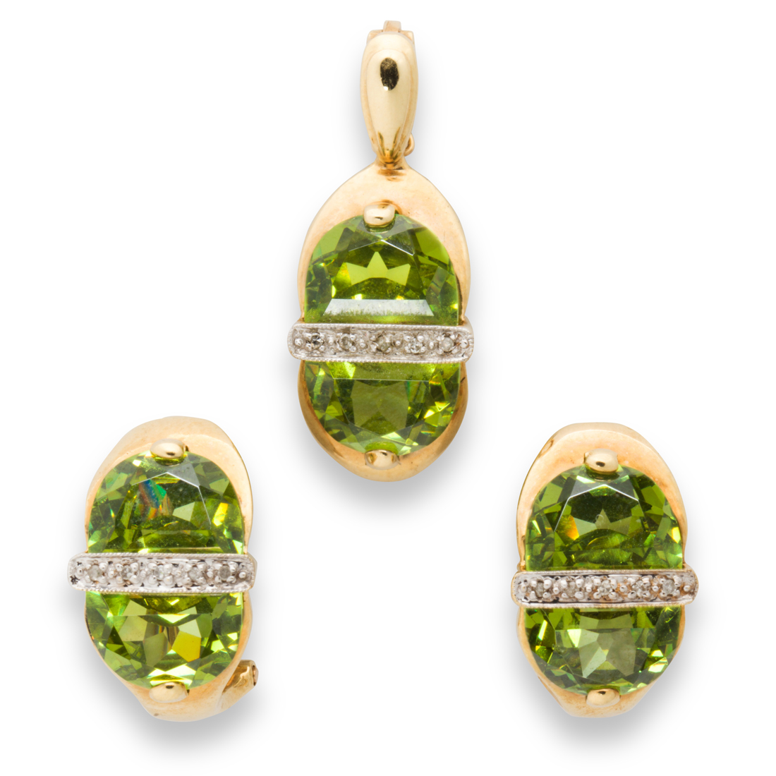 Appraisal: A PERIDOT AND FOURTEEN KARAT PENDANT NECKLACE AND EARRINGS SUITE