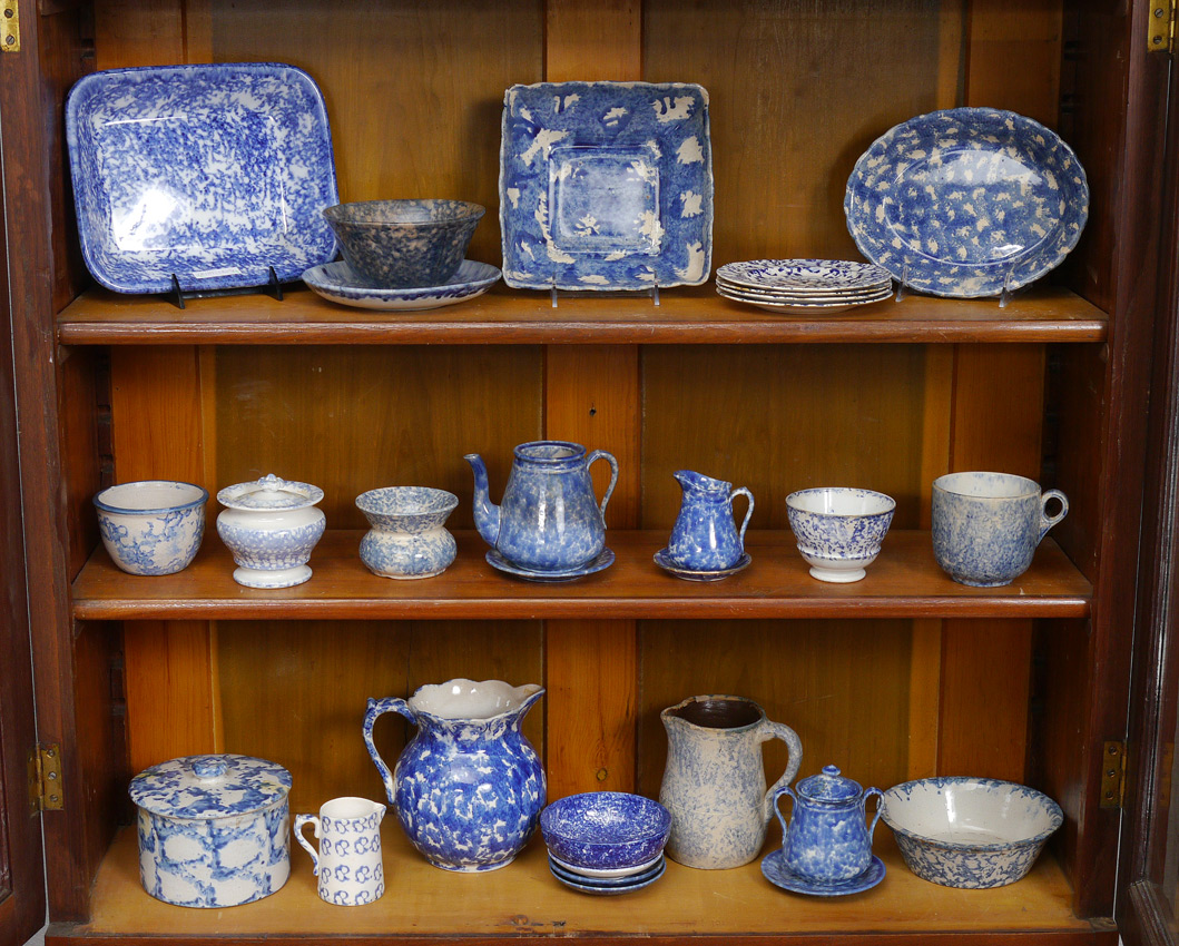 Appraisal: ASSORTMENT OF BLUE SPONGEWARE Approx pieces to include covered butter