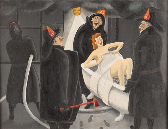 Appraisal: American School th century Woman Surprised in Bathtub by Firemen