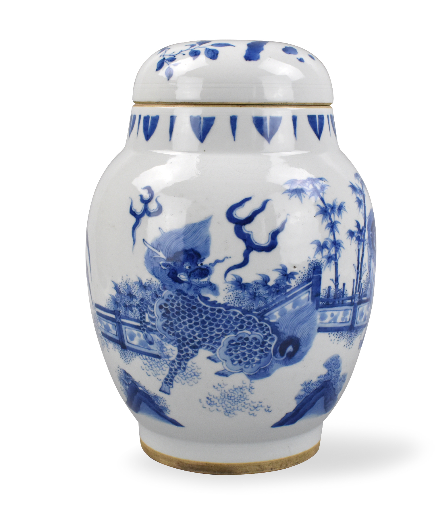 Appraisal: A blue white Chinese covered jar featuring two illustrations of