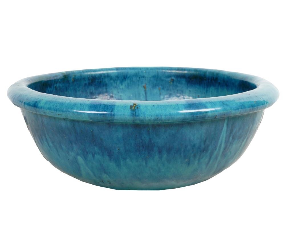 Appraisal: LARGE BLUE-GLAZED POTTERY PLANTER BOWLunmarked Condition drilled inches diameter inches