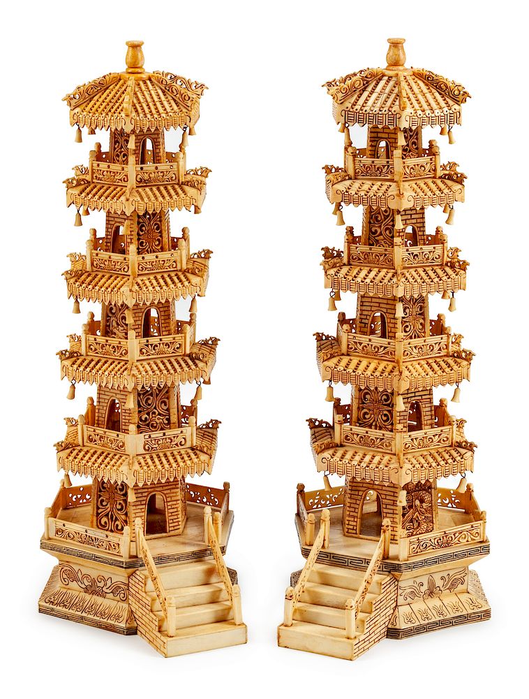 Appraisal: A Pair of Chinese Carved Bone Models of Pagodas A