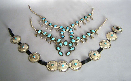 Appraisal: Two silver and turquoise squash blossom necklaces together with a