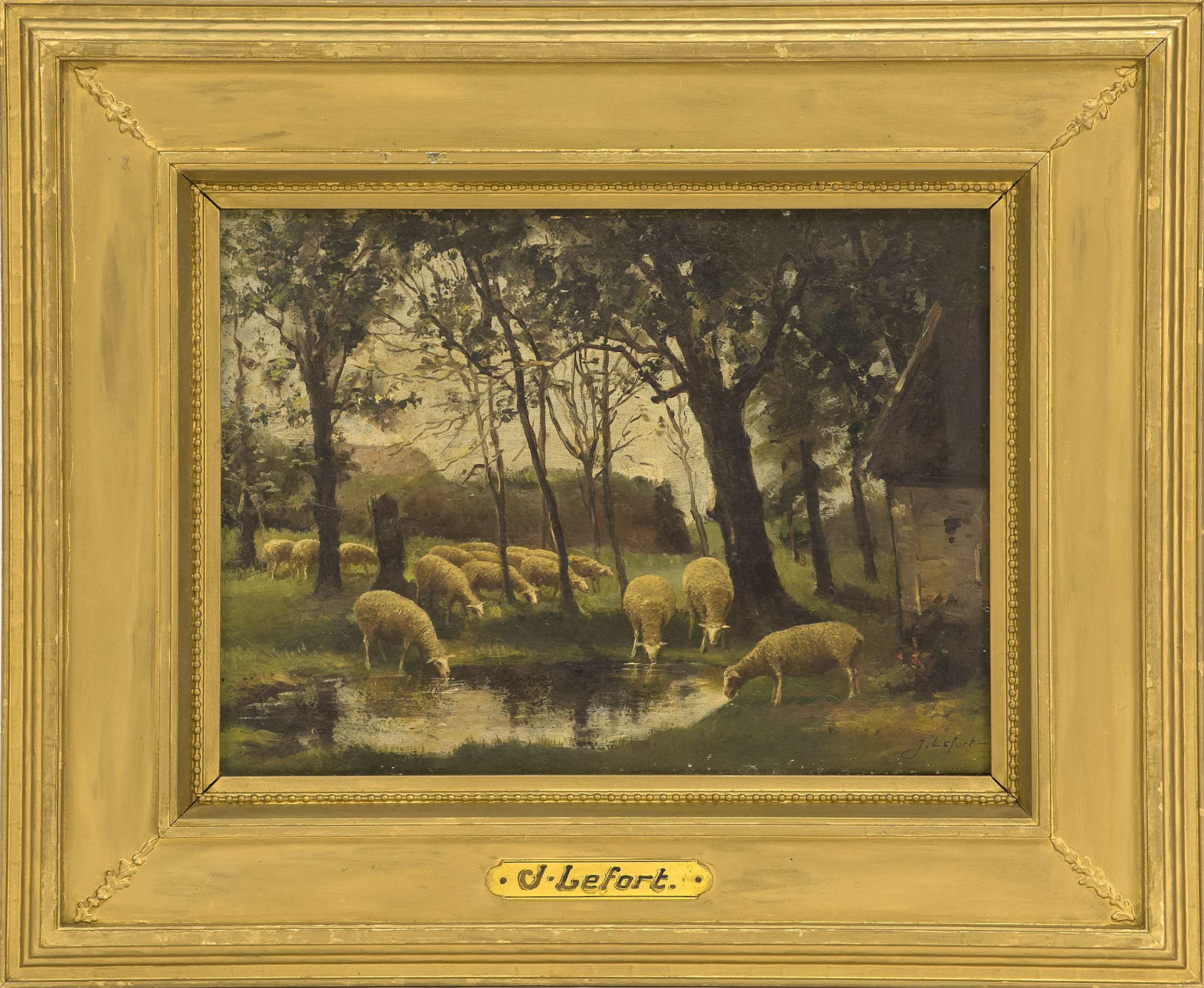 Appraisal: FRAMED PAINTING UNTRACED ARTIST A sheep at a watering hole