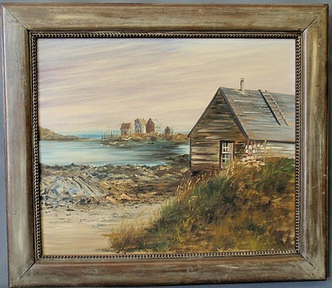 Appraisal: Oil on canvas painting of fishing shacks in the shallows