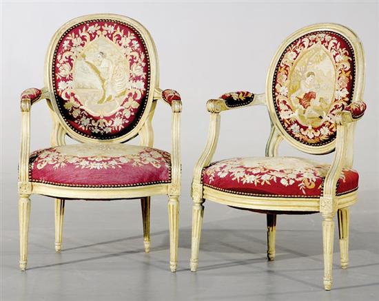 Appraisal: Pair Louis XVI carved and painted needlepoint chairs th th