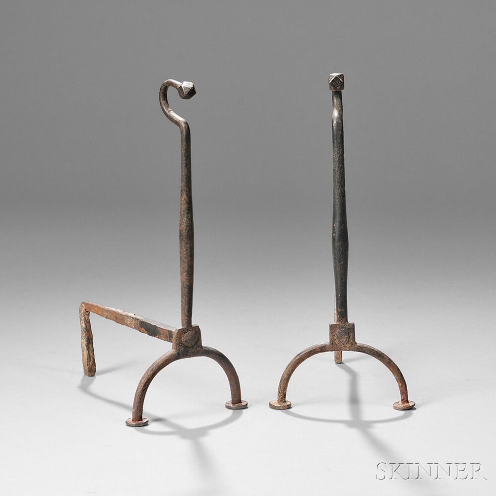 Appraisal: Pair of Small Wrought Iron Gooseneck Andirons America late th