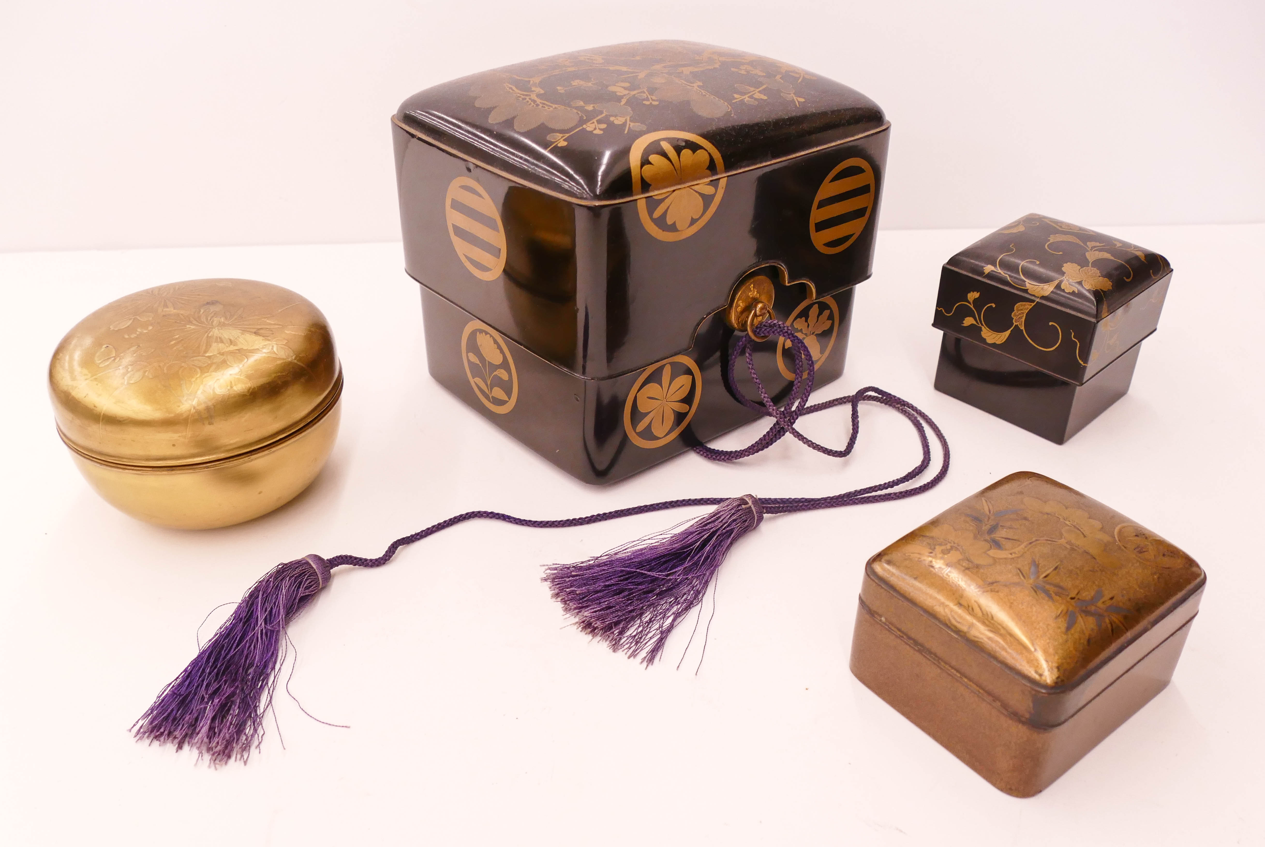 Appraisal: pc Japanese Meiji Lacquered Boxes '' to '' Includes gilt