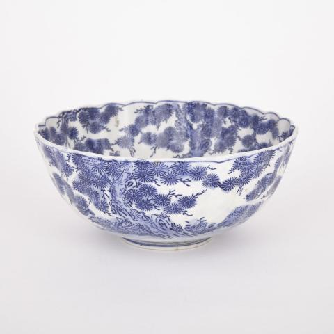 Appraisal: Japanese Blue and White Phoenix Bowl Arita Meiji Period Heavily