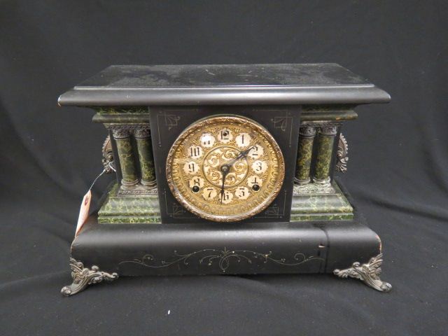 Appraisal: Welch Mantle Clock marblized column decor fancy brass work on