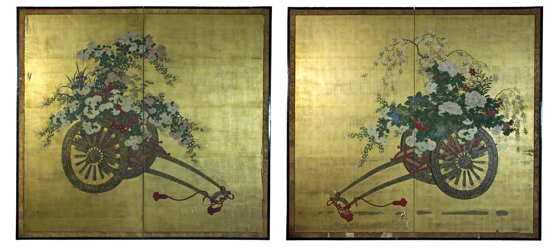 Appraisal: A pair of Japanese two panelled screens Meiji period circa