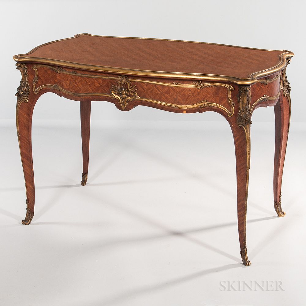 Appraisal: Louis XV-style Kingwood- and Mahogany-veneered Ormolu-mounted Bureau Plat Louis XV-style