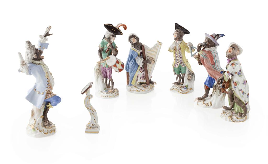 Appraisal: MEISSEN PORCELAIN SEVEN PIECE MONKEY ORCHESTRA TH CENTURY comprising a