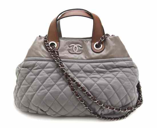 Appraisal: A Chanel Gray Quilted Glazed Leather Bag tan leather handles