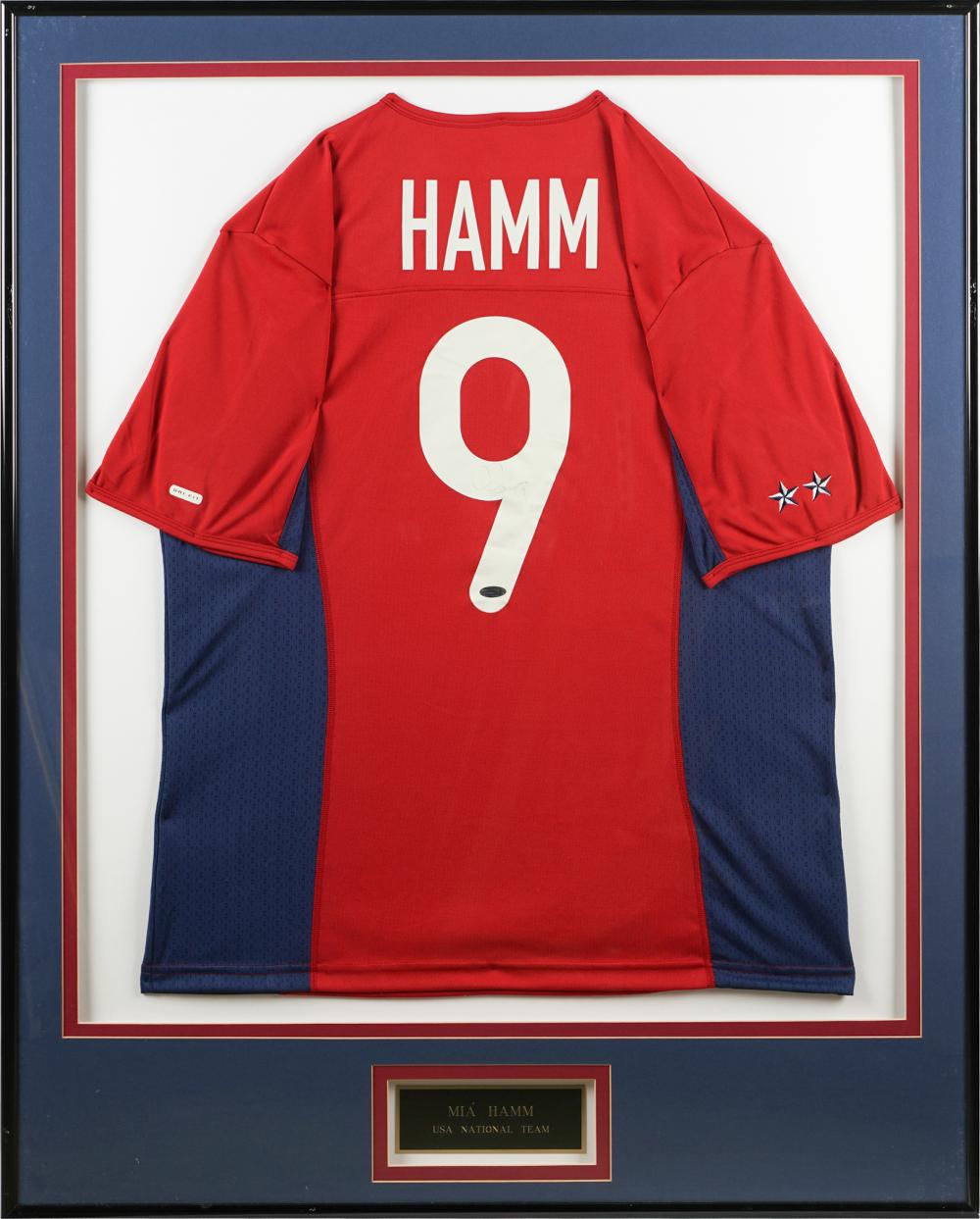 Appraisal: MIA HAMM SIGNED US NATIONAL SOCCER TEAM JERSEYframed under acrylic