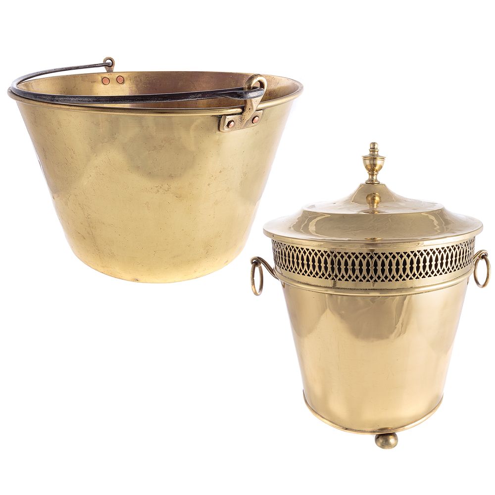 Appraisal: Brass Kindling Bucket Warmer Large brass bucket with forged metal