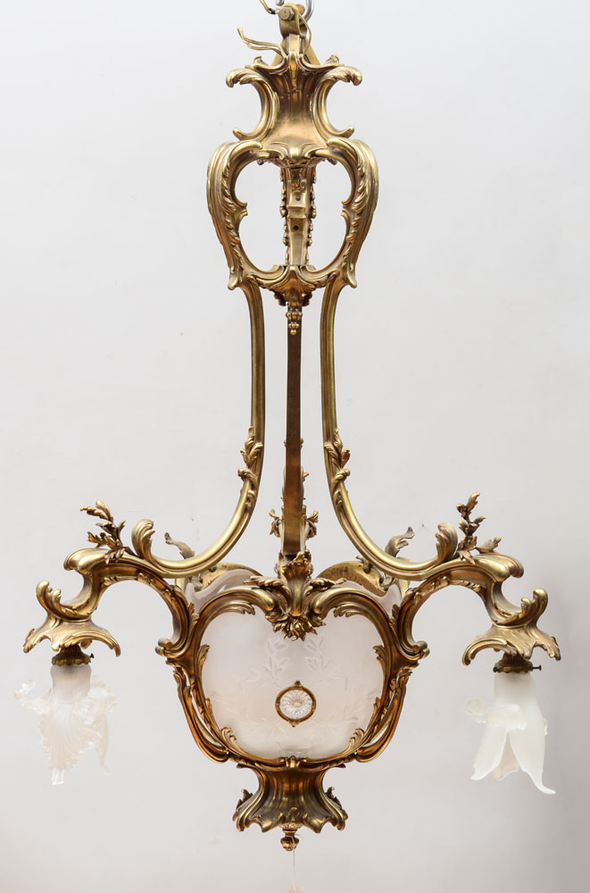 Appraisal: LOUIS XV STYLE GILT-METAL AND GLASS THREE-LIGHT CHANDELIER The ovoid