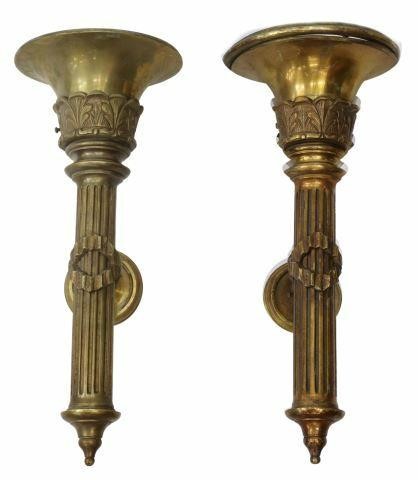 Appraisal: pair Neoclassical bronze torch-form sconces fluted pillar with acanthus leaf