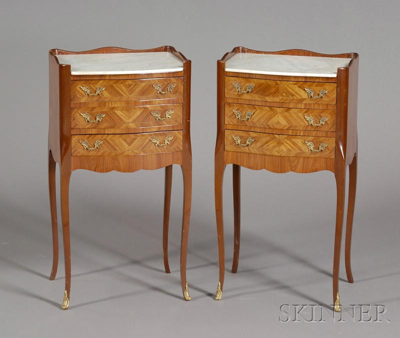 Appraisal: Pair of Louis XV Style Tulipwood and Marble-top Three-drawer Night