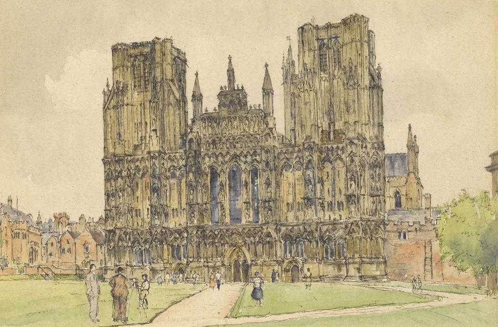 Appraisal: TOM WAGHORN - THE WEST FRONT OF WELLS CATHEDRAL pen