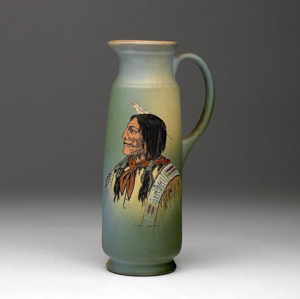 Appraisal: WELLER Dickensware Indian tankard Wolf Ro Professional restoration to chip