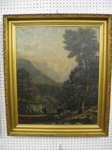 Appraisal: European Oil landscape with cowscrossing a bridge mountainous region on