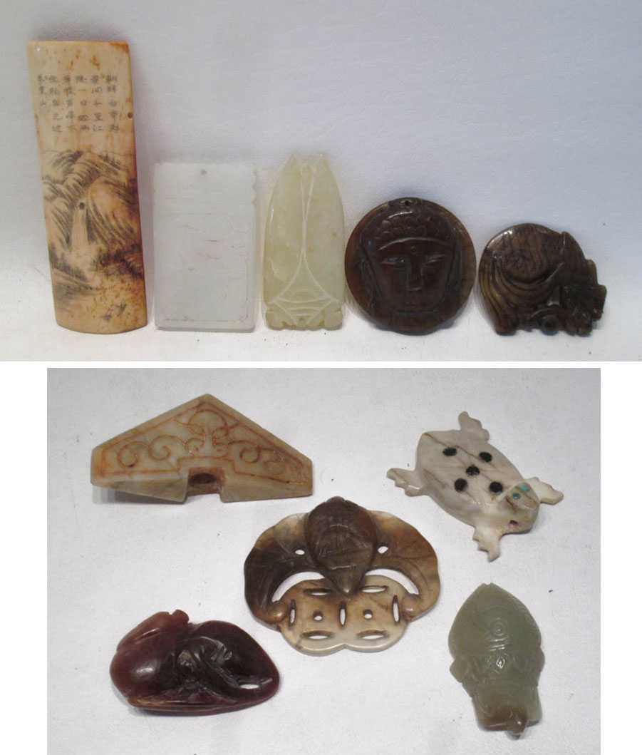 Appraisal: NINE PIECES OF HARDSTONE AND BONE PENDANTS AND CURIOSITIES including