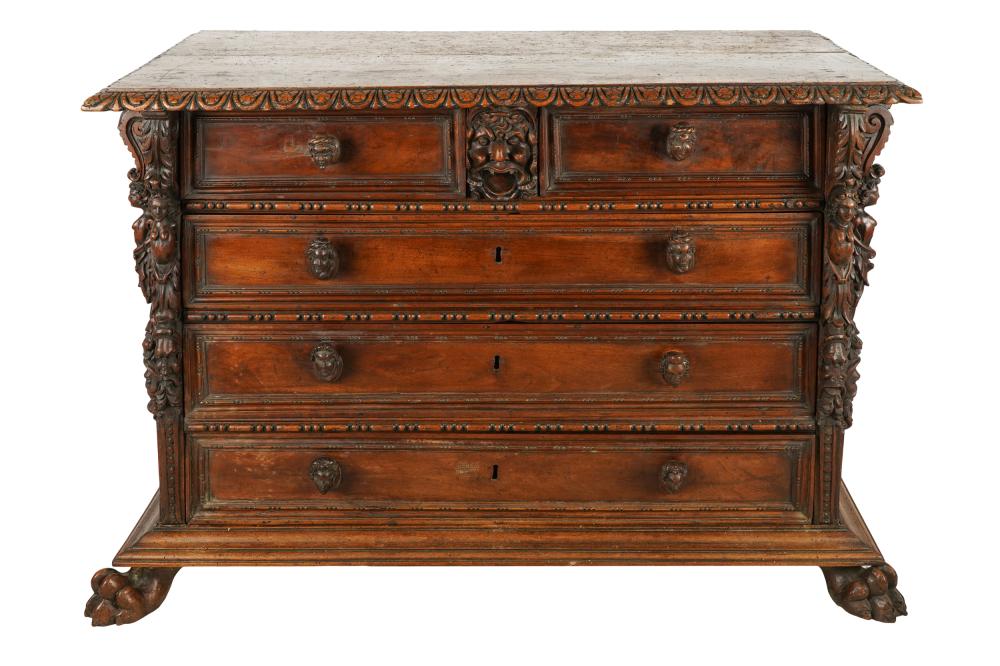 Appraisal: ITALIAN RENAISSANCE REVIVAL CARVED WALNUT CHEST OF DRAWERS th century