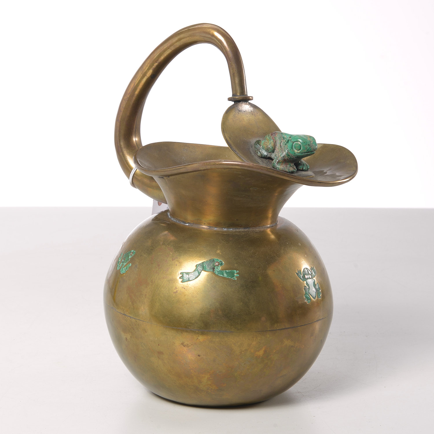 Appraisal: LOS CASTILLO MALACHITE AND BRASS FROG PITCHER th c factory