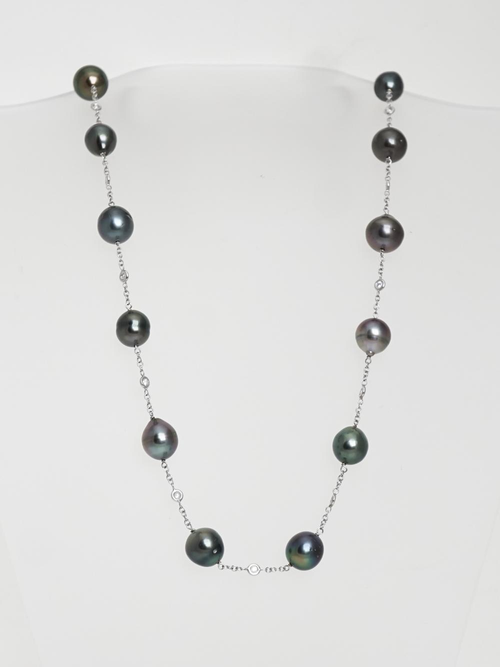 Appraisal: -KARAT WHITE-GOLD BAROQUE TAHITIAN PEARL AND DIAMOND NECKLACE -Karat White-Gold