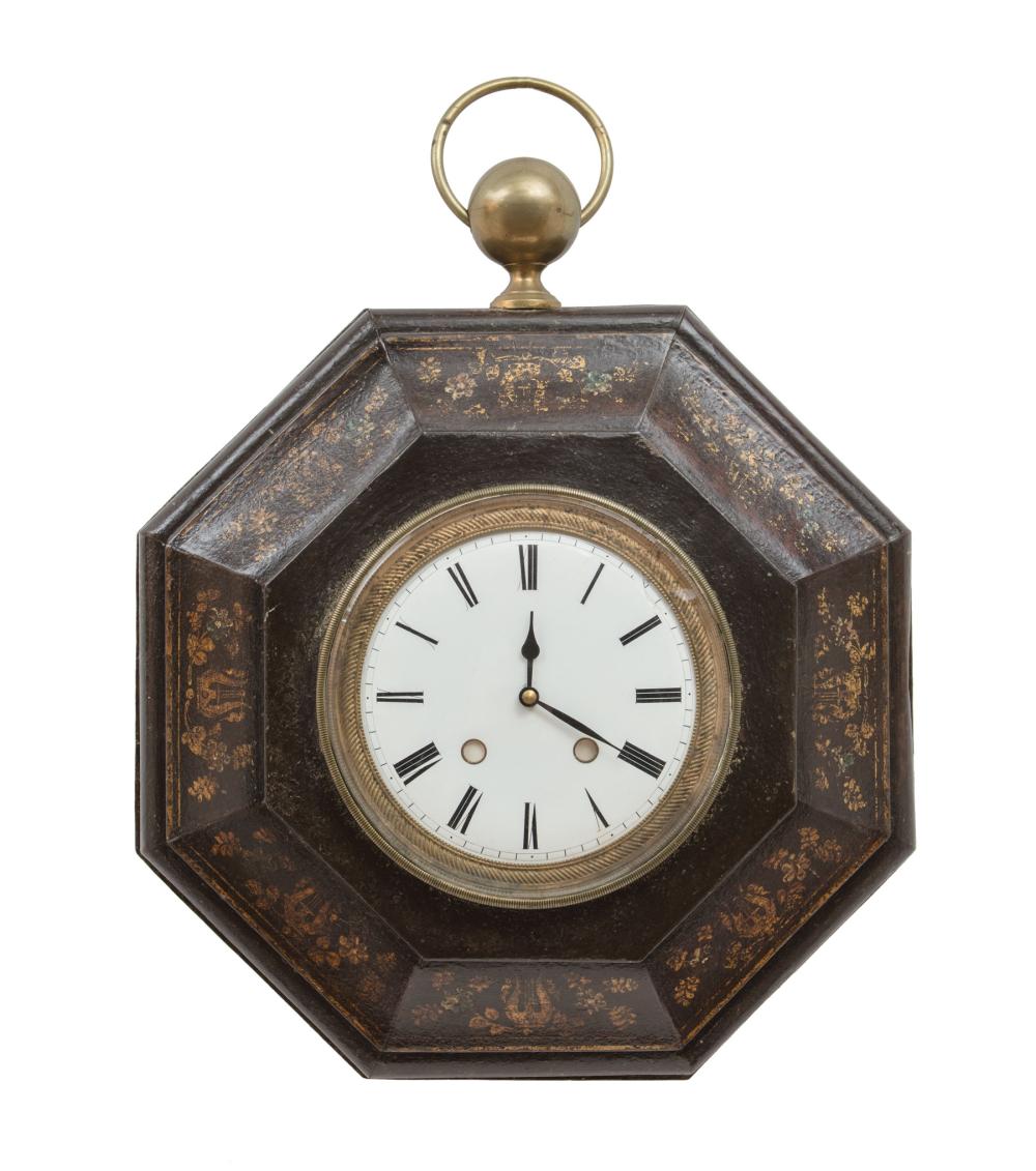 Appraisal: Antique French Tole Peinte Wall Clock octagonal watch-form case porcelain