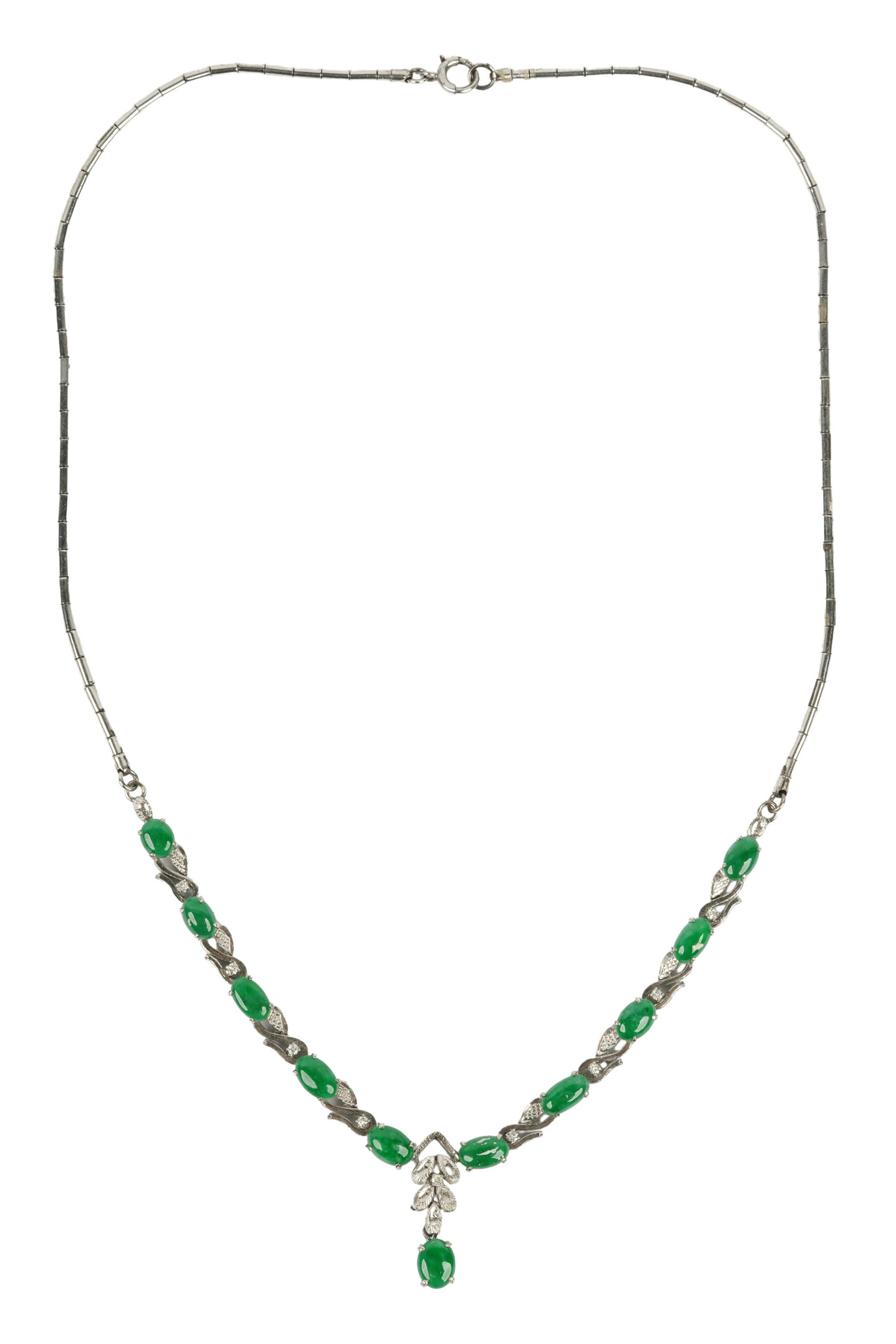 Appraisal: JADE DIAMOND NECKLACE containing oval cabochon cut dyed jades weighing