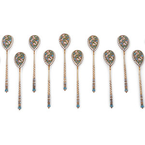 Appraisal: A Set of Twelve Russian Enameled Silver Coffee Spoons Mark