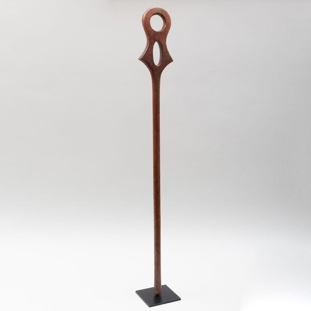 Appraisal: South African Carved Hardwood Staff Zulu Raised on stand in