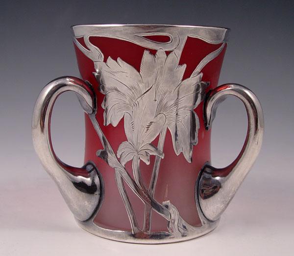 Appraisal: STERLING SILVER OVERLAY CRANBERRY GLASS LOVING CUP fine silver overlay