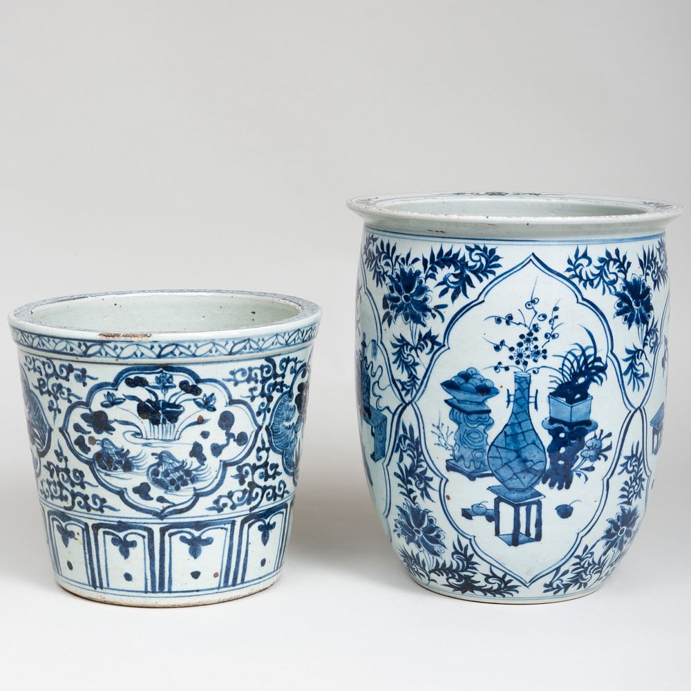 Appraisal: Two Chinese Blue and White Porcelain Jardin res The larger