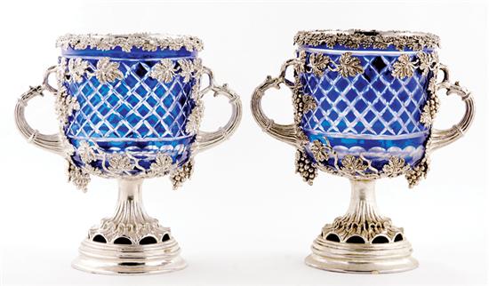 Appraisal: Pair silverplate-mounted cut-glass wine coolers cobalt cut-to-clear glass pail with