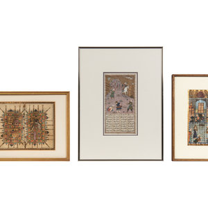 Appraisal: Three Framed Persian Illuminated Pictorial Manuscripts th- th Century -