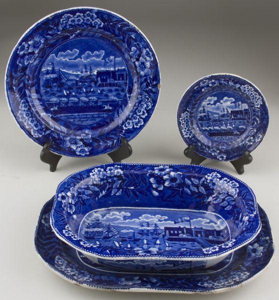 Appraisal: Four Pcs Historical Blue Lafayette Staffordshire all ca s with