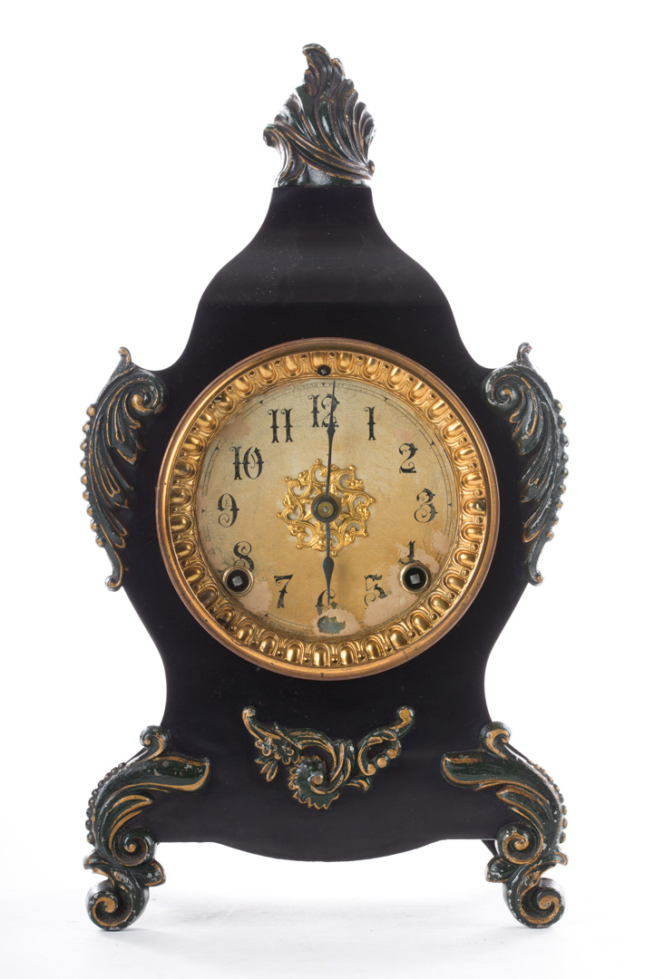 Appraisal: Rococo style black enameled metal mantel clock late th century