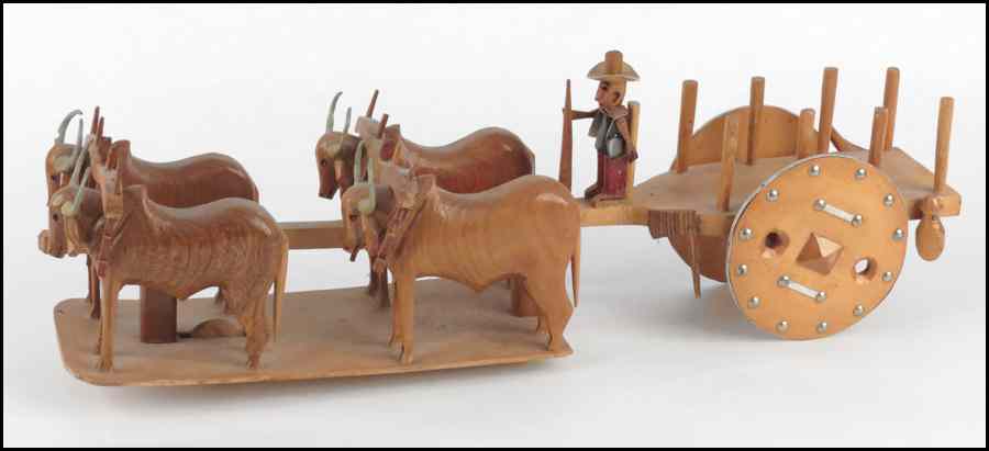 Appraisal: FOLK ART CARVING OXEN AND WAGON Length '' Condition No