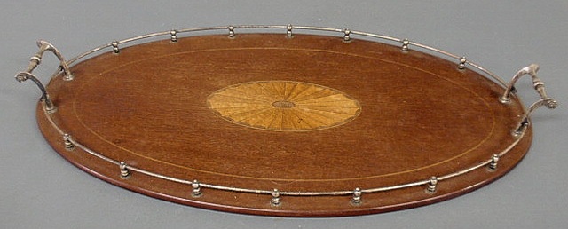 Appraisal: Inlaid mahogany serving tray with a sterling silver galleried rim