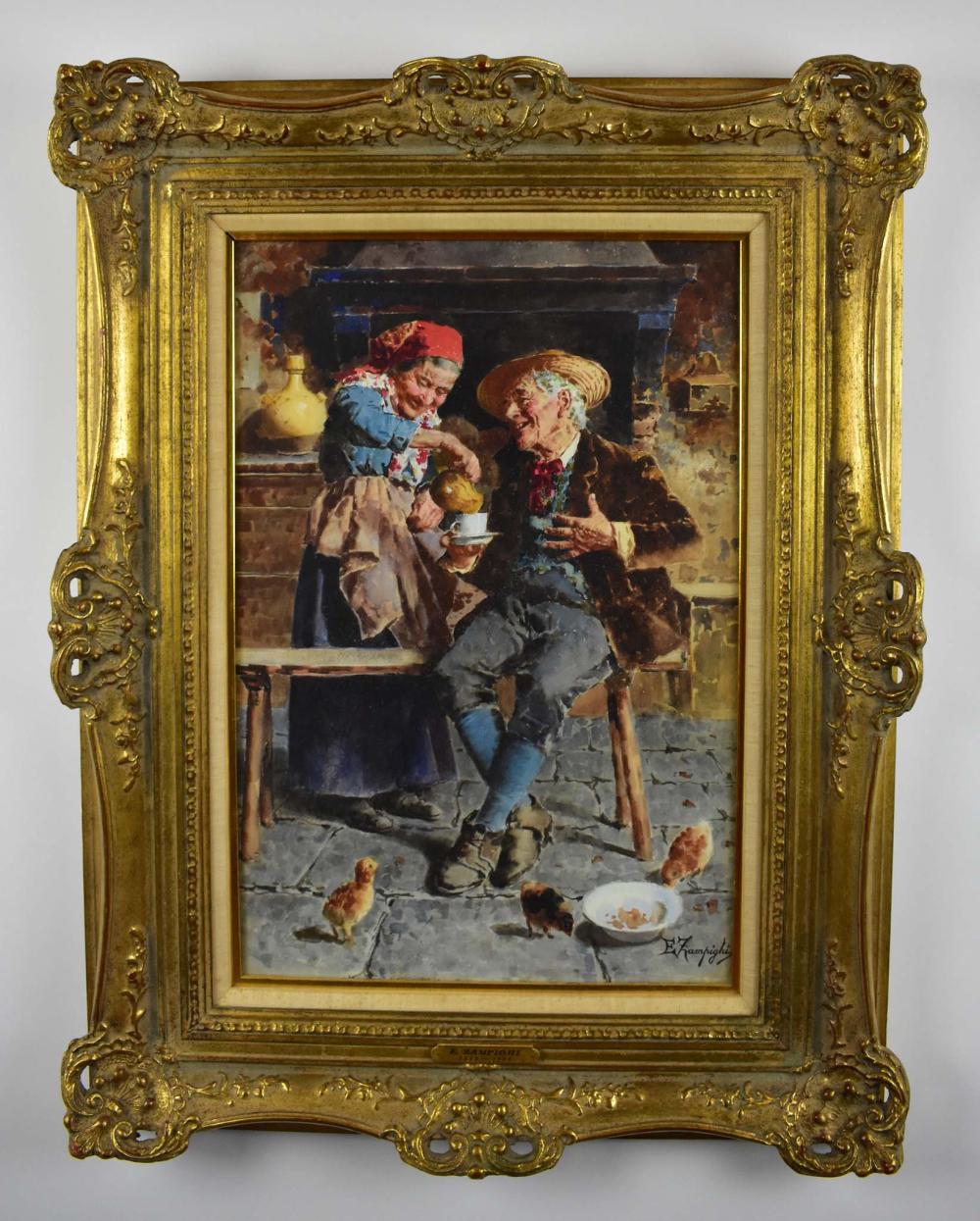 Appraisal: EUGENIO ZAMPIGHI ITALIAN - WATERCOLORInterior Scene with Jolly Peasant Couple