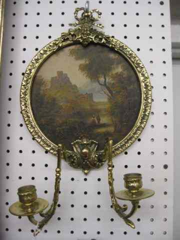 Appraisal: Pair of Brass Wall Sconces with Italianclassical style landscapes with