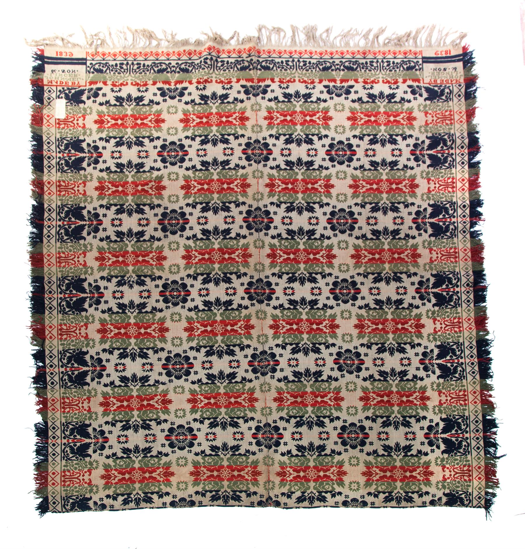 Appraisal: PENNSYLVANIA SUMMER-WINTER FOUR-COLOR COVERLET American dated Red cream blue and