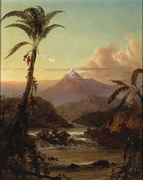 Appraisal: American School Tropical landscape with a mountain beyond Figures on